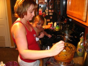Noah and I making some baby food not long after arriving home from Ethiopia